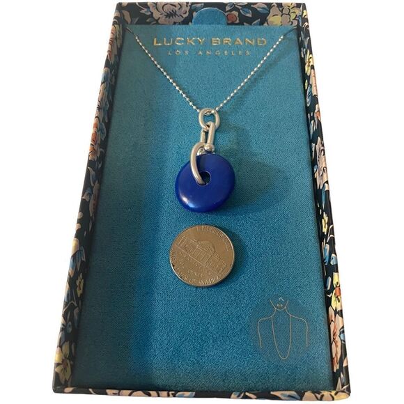 Lucky Brand Blue Circular Stone Pendant on long silver toned chain. - Picture 6 of 6